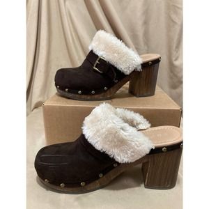 Esprit Brown Suede Slip-On Studded Platform Clogs Faux Fur Lined Size 8m